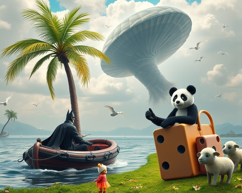 palm tree, puppet, boat, batman, monkey, mickey mouse, car, muffin, tornado, panda, dice, sheep